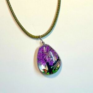 Handmade Lace Dried Flowers Oval Pendant Necklace #12